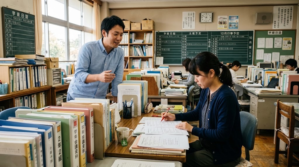 職員室の机で書類を確認する女性教員と、横で話す同僚の男性教員