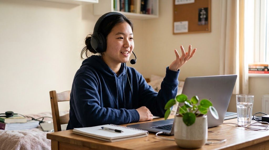 自宅の机でノートパソコンを開き、オンラインの相手に自分のプロジェクトについて身ぶりを交えて説明している10代の生徒
