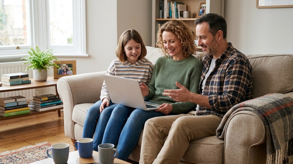 Parents and their daughter on a living-room sofa looking at a laptop together while discussing school choices