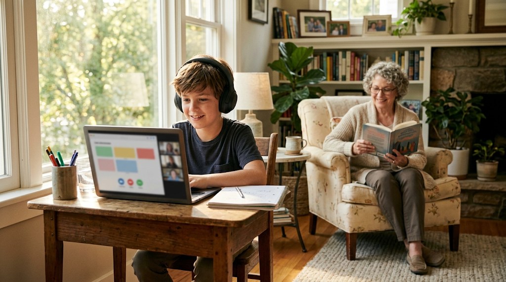 A boy with headphones smiling in a live online lesson at a small desk while his grandmother reads in an armchair