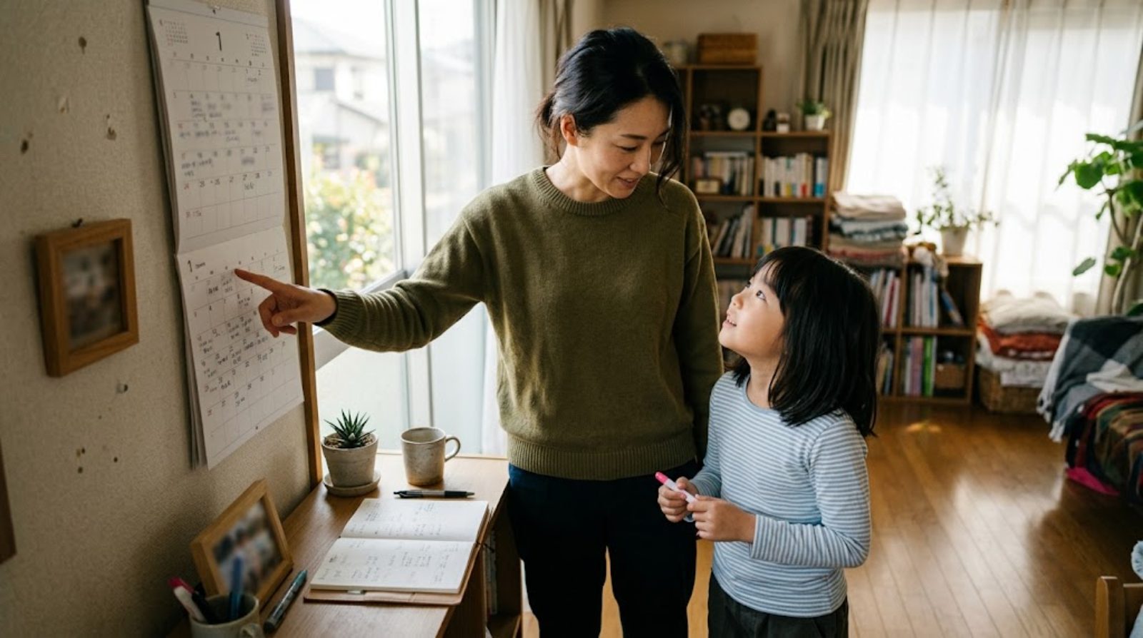 明るい窓辺で、壁のカレンダーと手帳を見ながら、これからの予定を子どもと一緒に確かめている保護者