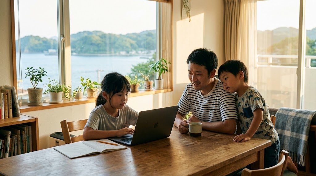 海の見える横須賀の住宅のリビングで、子どもがノートパソコンでオンライン授業を受け、そばで父親と弟が穏やかに見守る様子