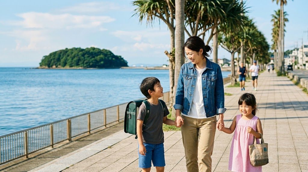 横須賀の海沿いの遊歩道を、母親と小学生の子どもと妹が手をつないで歩く朝の様子