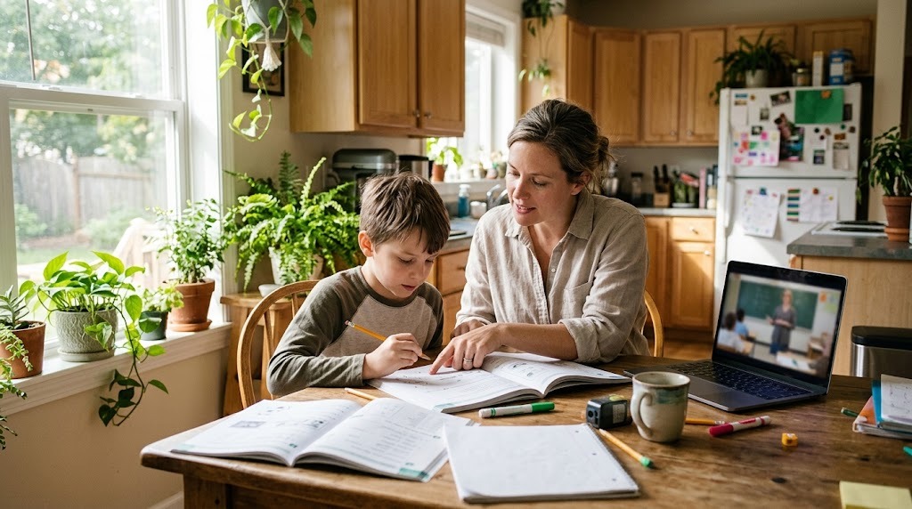 A mother helping her young son with a printed workbook at a sunny kitchen table while a recorded video lesson plays on a laptop