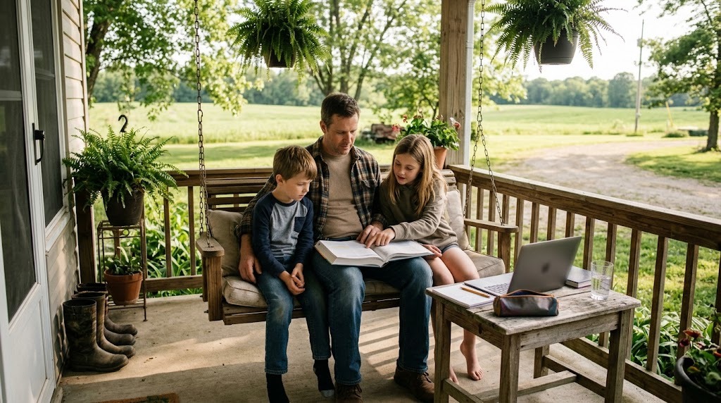 A father reading a textbook with his son and daughter on a porch swing, with a laptop on a small table beside them
