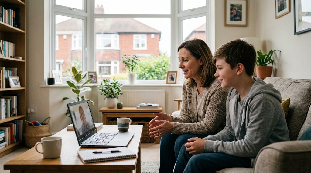 A mother and her teenage son on the sofa talking with a teacher on a video call on a laptop in a bright family living room