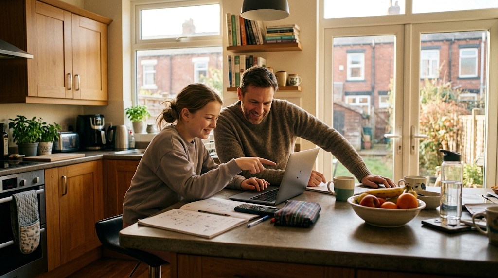 A father helping his 12-year-old daughter with maths on a laptop at a kitchen island, a notebook of sums beside them