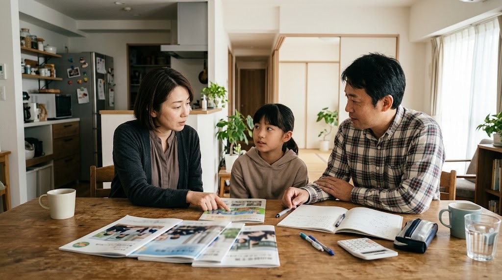 明るいダイニングテーブルに学校案内とノートを広げ、中学受験について話し合う日本人の両親と小学5年生くらいの娘