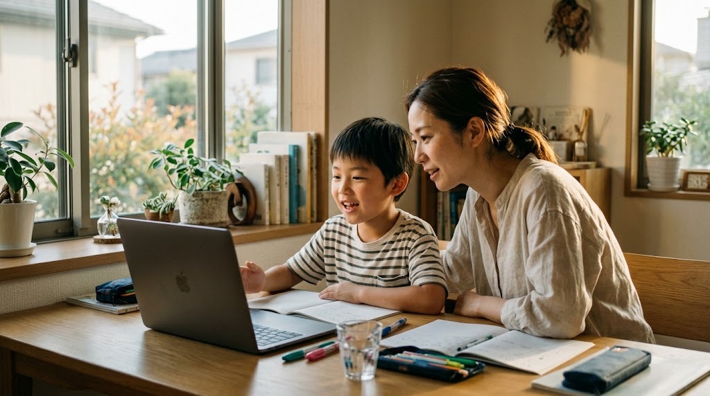 午後の窓辺の学習机で、母親と小学3年生くらいの息子が並んでノートパソコンのオンライン英語授業を一緒に見ている様子