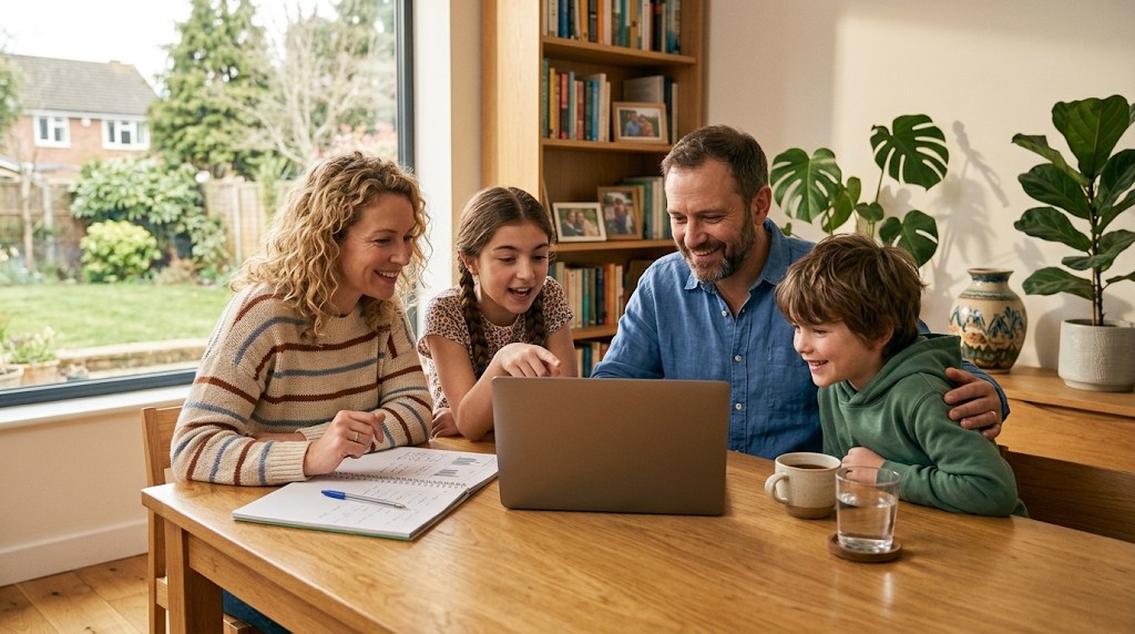 Two parents and their two children comparing school options on a laptop at a dining table