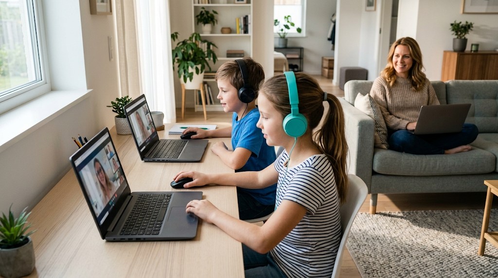 A brother and sister in headphones joining live online classes on their own laptops while their mother works on the sofa behind them