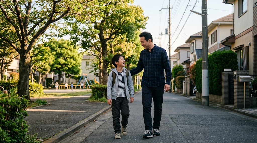 東京郊外の緑の多い明るい住宅街を、父親と息子が並んで話しながら歩いている様子
