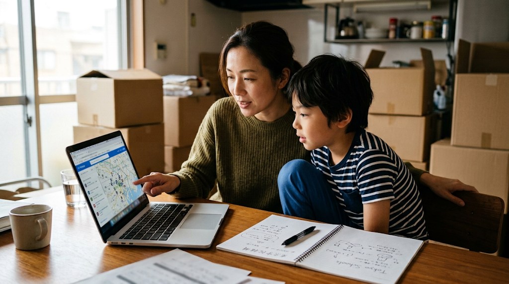 A mother and her son looking at a laptop together at a kitchen table while comparing international school options before a move to Tokyo
