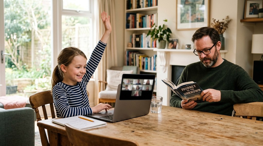 A girl taking part in a live online class on a laptop at home while her father sits nearby at the dining table