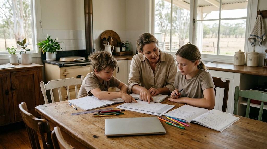 A mother and two children at a farmhouse kitchen table planning distance-education schoolwork with workbooks and a planner