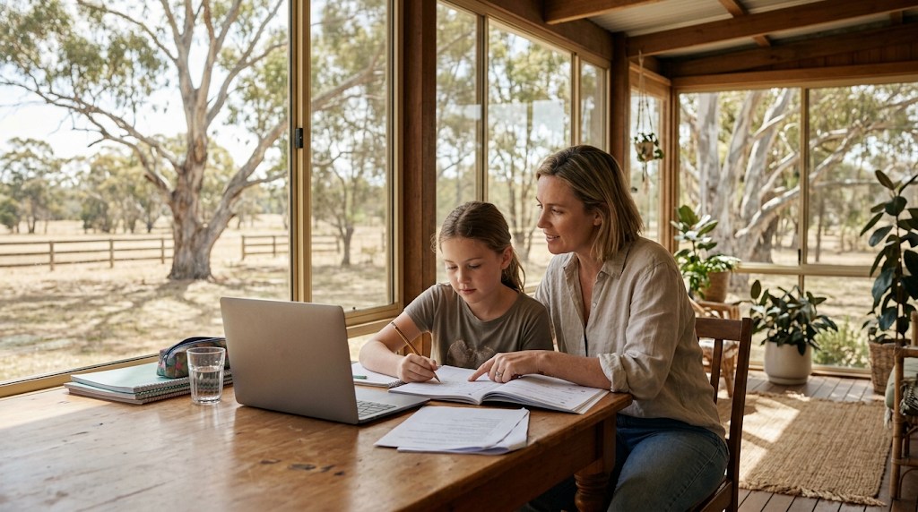 A girl writing in a workbook beside a laptop on a sunny verandah while her mother helps her