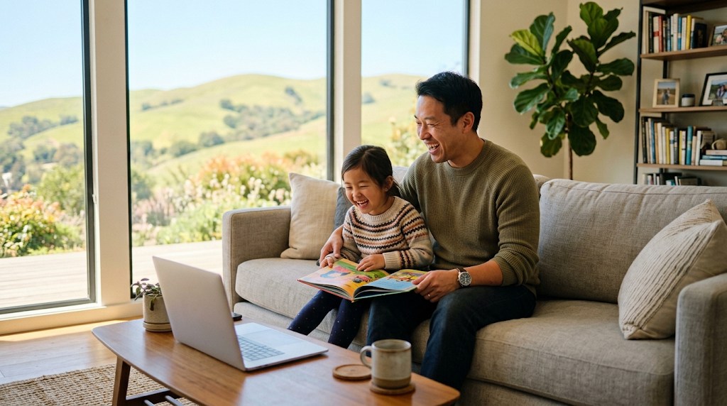 ベイエリアの自宅のリビングで、親子がノートパソコンと日本語の本を囲んで話している様子