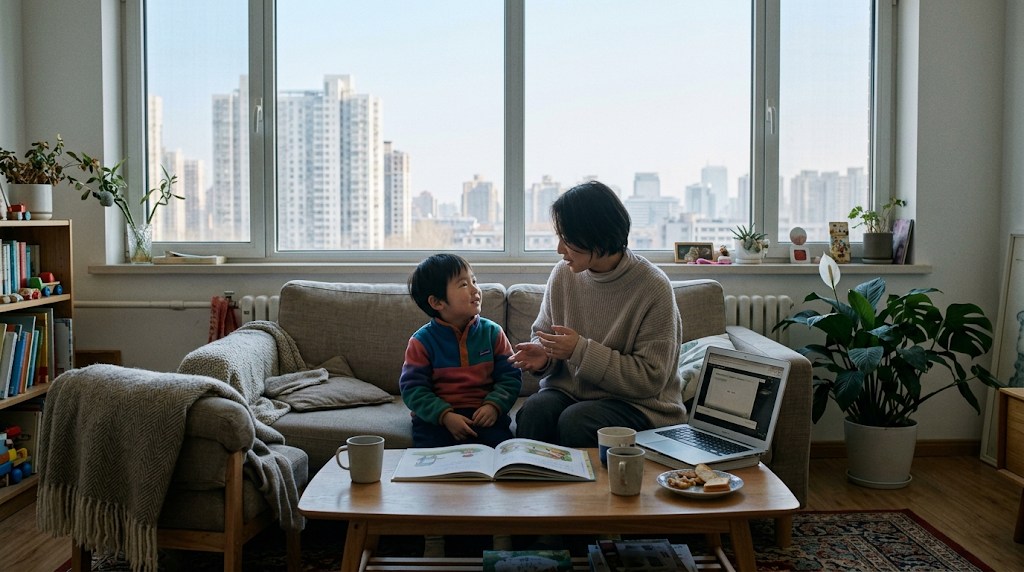 窓の外に北京の高層ビル群が見えるマンションの明るいリビングで、親子がノートパソコンと日本語の絵本を囲んで話している様子