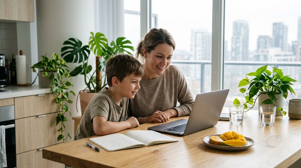 A mother and her son comparing two Manila international schools on a laptop together at a bright kitchen table before a posting to the Philippines