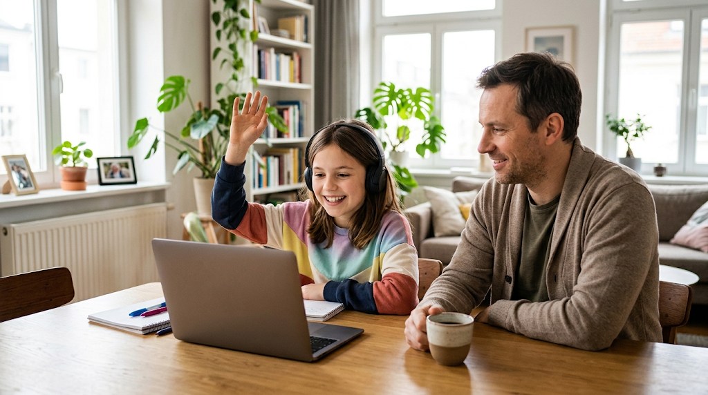 A girl taking part in a live online class on a laptop at home in Manila while her father sits nearby at the dining table