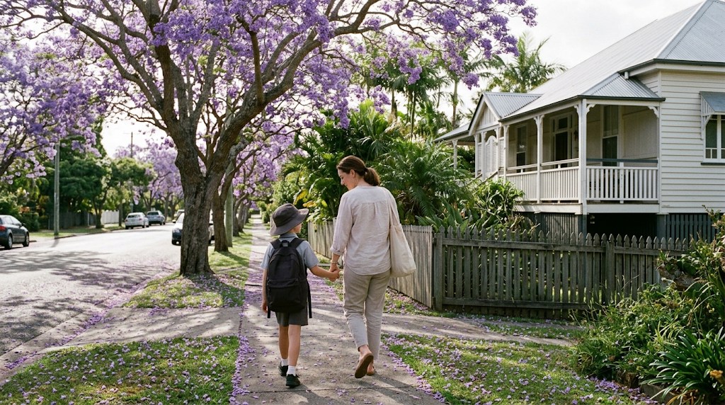 A parent and child walking to school under purple jacaranda trees in a Brisbane suburb, with a timber Queenslander house behind them in the morning sun
