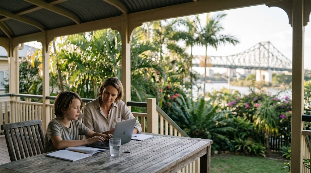 A child taking part in an online class on a laptop at a table on the covered verandah of a Brisbane home, while a parent sits beside them in soft afternoon light