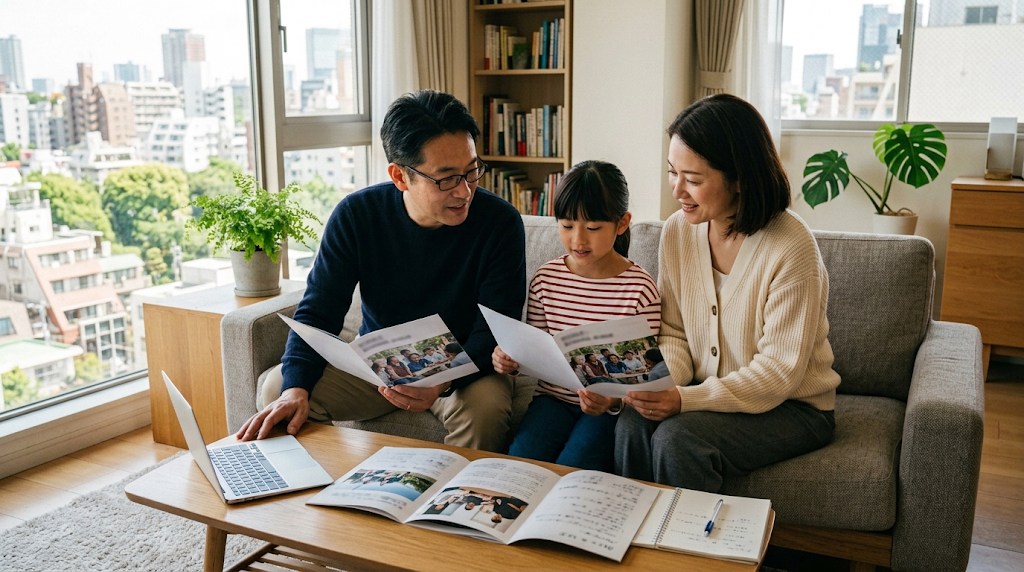 東京の明るいマンションのリビングで、両親と小学生の娘が学校案内の資料とノートパソコンを見ながら費用について話し合っている様子
