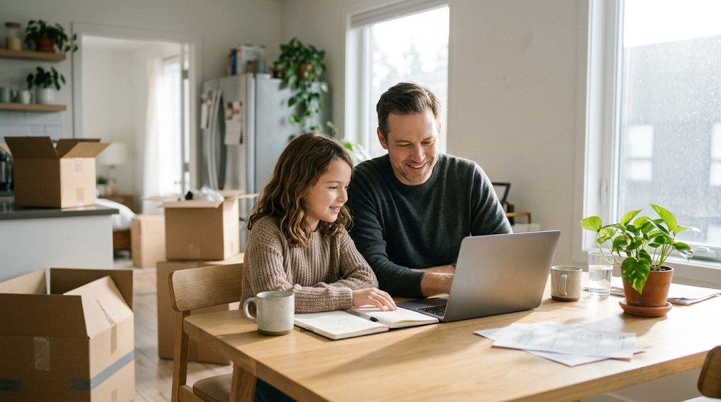 A father and his daughter looking at a laptop together at a bright kitchen table while comparing British and international school options before a move to Tokyo
