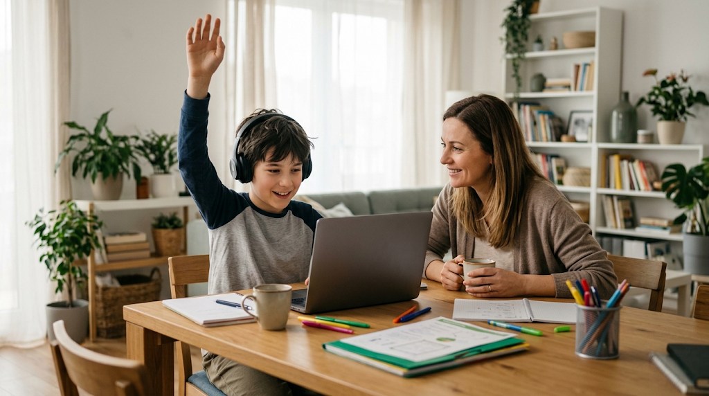 A boy taking part in a live online class on a laptop at home while his mother sits nearby at the dining table