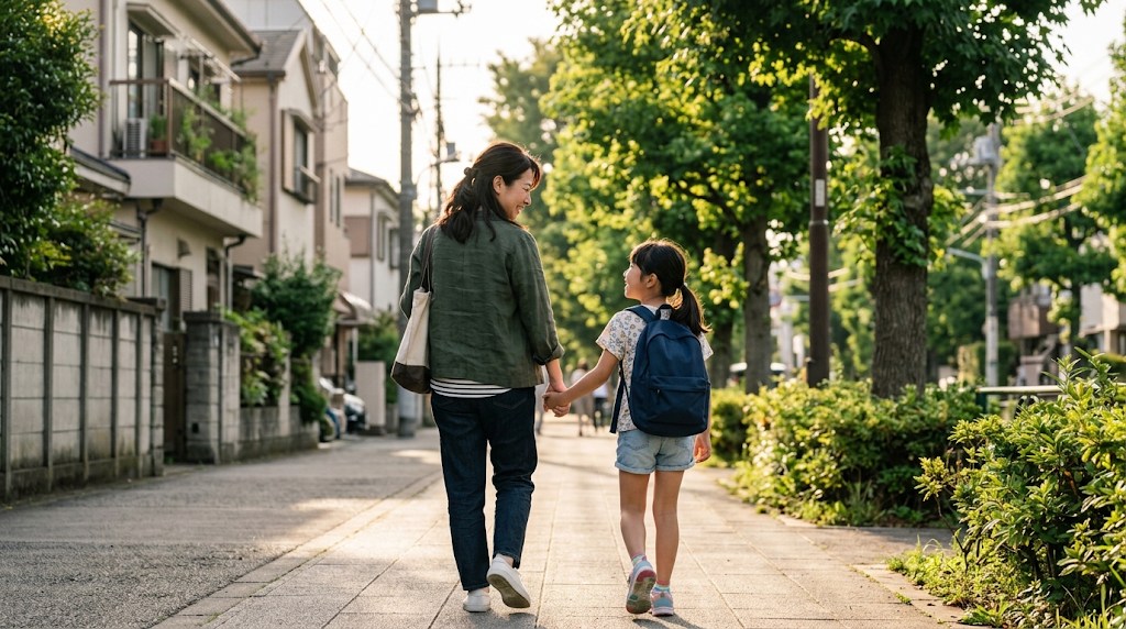 都心の緑の多い明るい並木道を、母親と小学生の娘が手をつないで話しながら歩いている様子