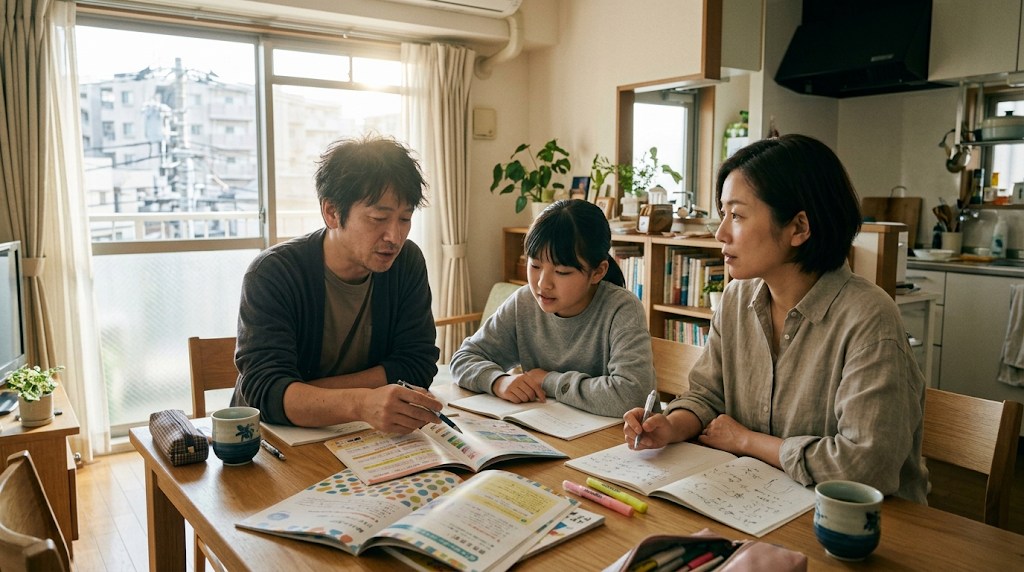 明るいダイニングテーブルで学校案内の冊子とノートを広げ、中学校選びについて話し合う両親と小学6年生くらいの娘