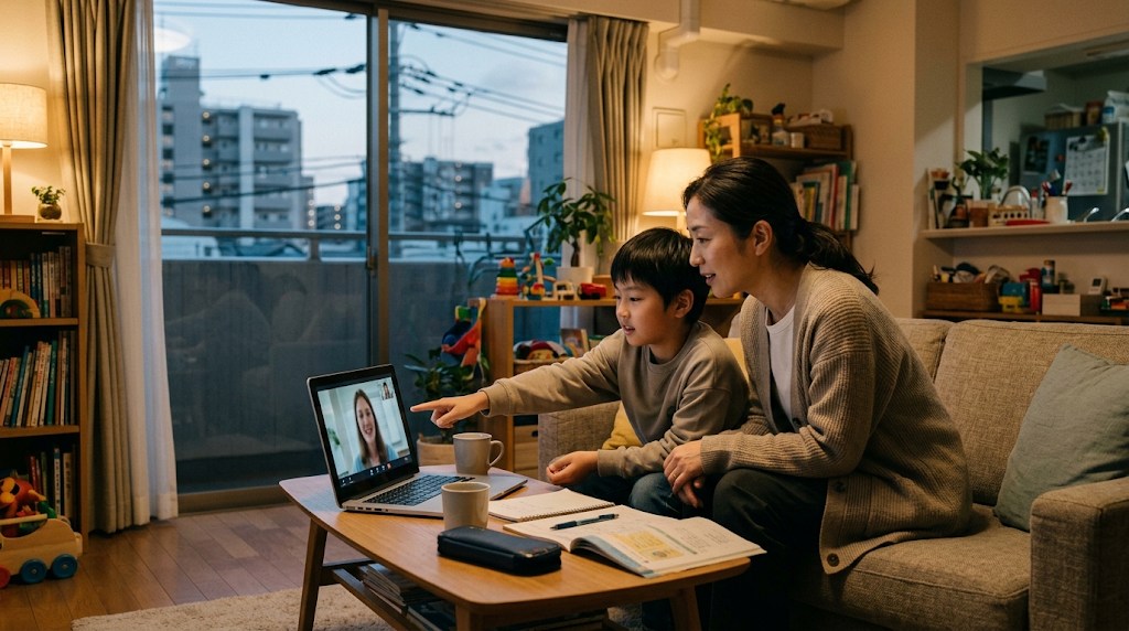 夕方のリビングのソファで、母親と小学生の息子が並んでノートパソコンのオンライン英語授業を見ている様子