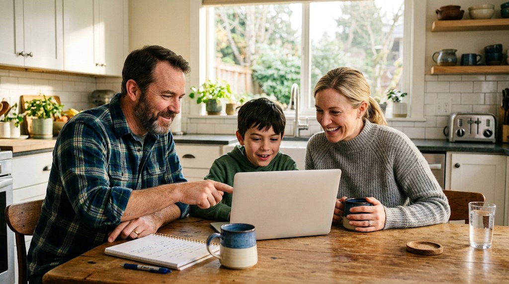 A father, mother and son smiling at a laptop together at a sunny kitchen table while comparing homeschool and online school options