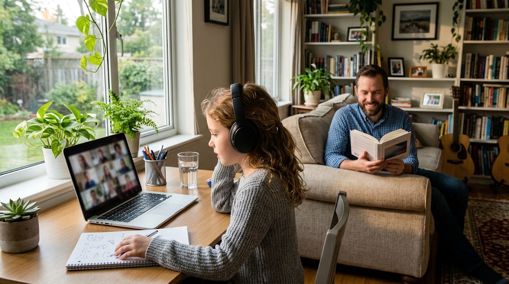 A girl with headphones in a live online class on her laptop at a living-room desk while her father reads on the sofa nearby