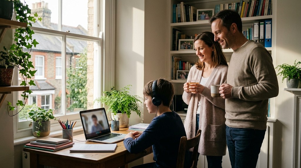 Two parents holding mugs of tea and smiling behind their 12-year-old son, who is in a live online class on a laptop by the window