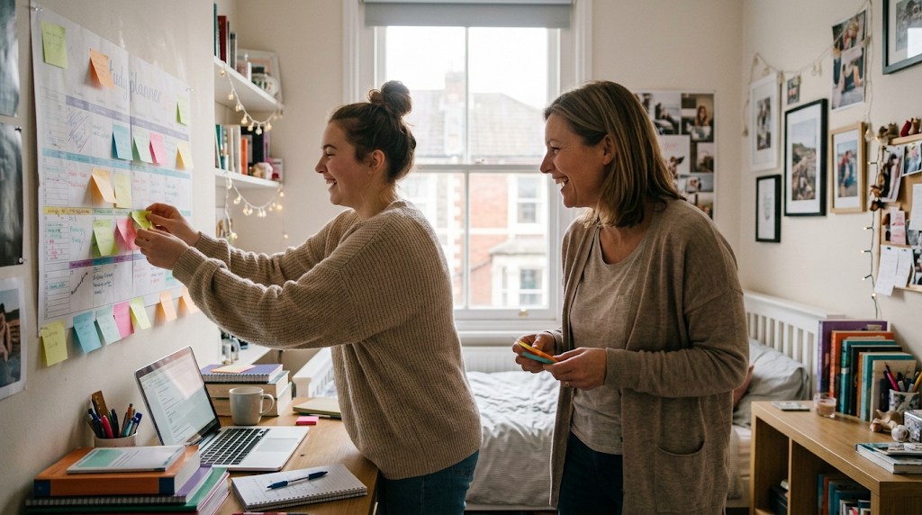 A mother and her 16-year-old daughter laughing as they stick colourful notes onto an exam revision wall planner in a bright bedroom study
