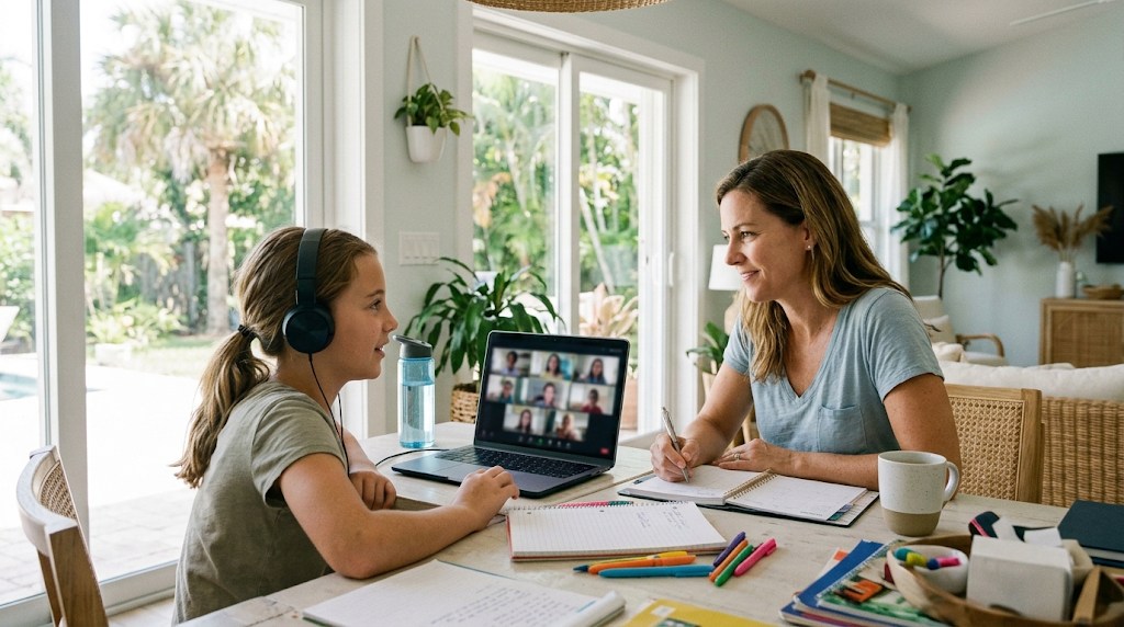 A girl in headphones joining a live online class on a laptop in a bright Florida home while her mother writes in a planner beside her