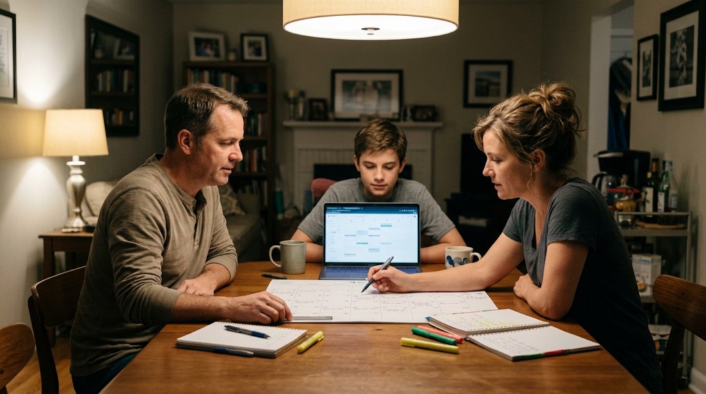 A mother, father and teenage son at a dining table planning the school year with a paper calendar and a laptop