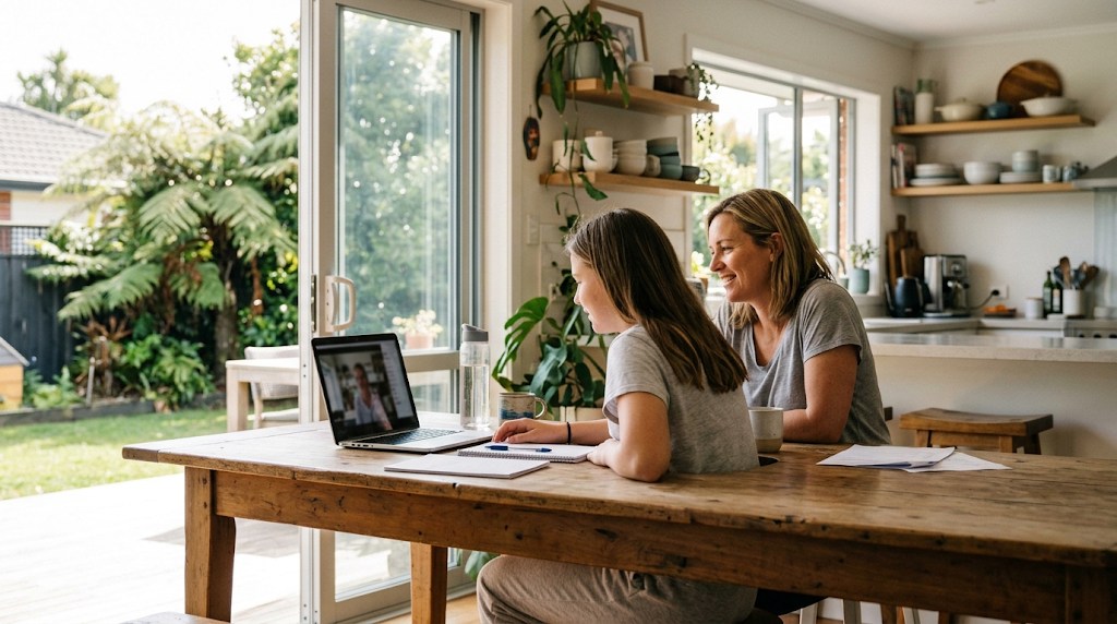 A mother and her teenage daughter at a sunny kitchen table in a New Zealand home, the daughter joining a live online class on a laptop while her mother smiles beside her