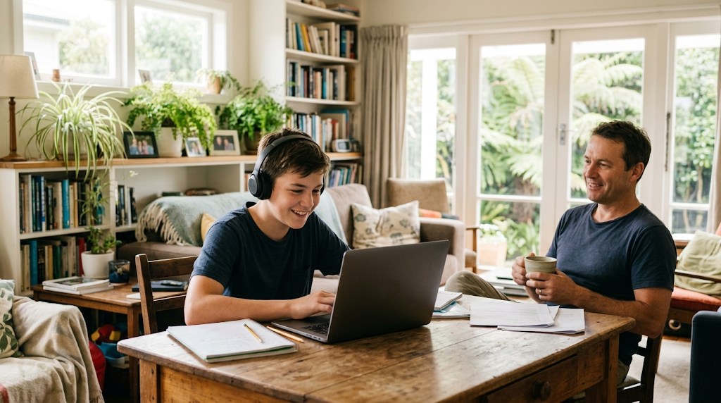 A 14-year-old boy wearing headphones smiling during a live online class on a laptop in a bright living room, his father sitting nearby with a cup of tea
