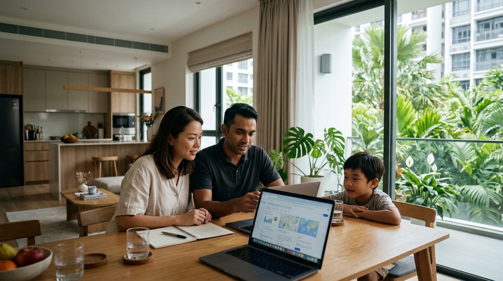 A family of three in a bright Singapore condominium reviewing international school options on a laptop at a dining table