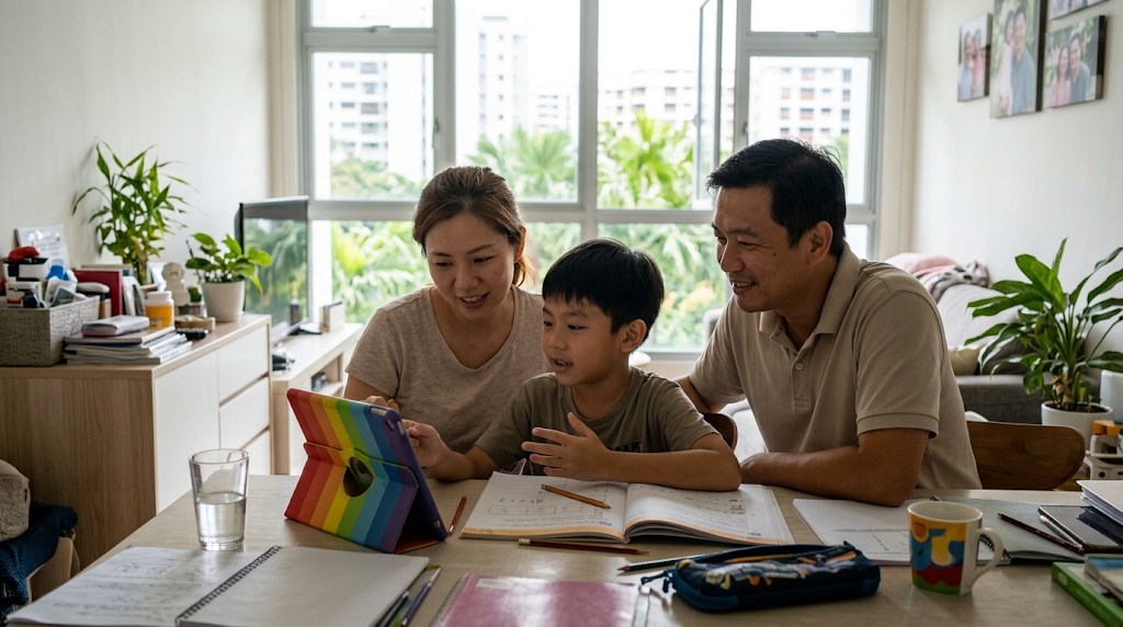 A young boy in a live online lesson on a tablet at the dining table with his mother and father beside him in a Singapore home