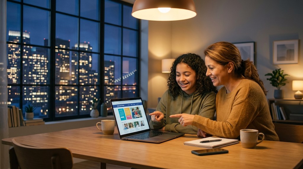 A mother and her teenage daughter looking at an online high school website on a laptop in a city apartment in the evening