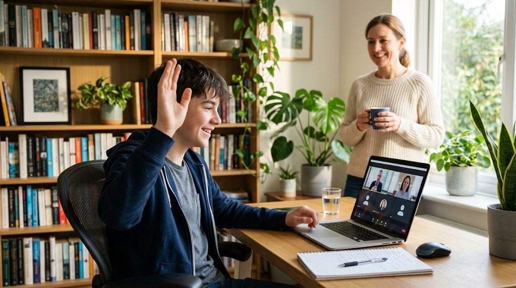 A teenage boy raising his hand in a live online seminar at his home desk while his mother smiles in the background