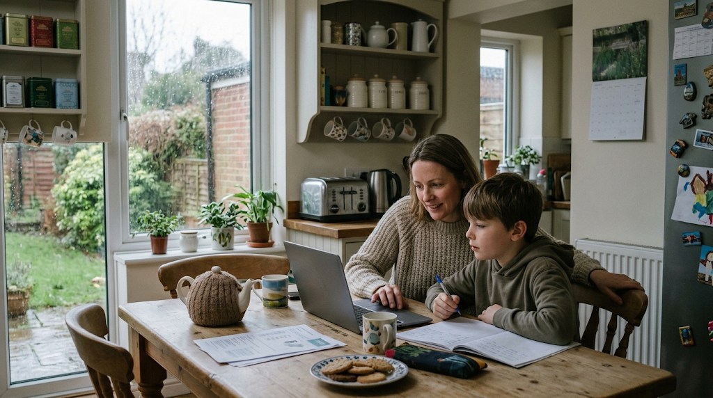 A mother and her 11-year-old son at a kitchen table on a rainy morning, looking at a laptop with a notebook and pen beside them