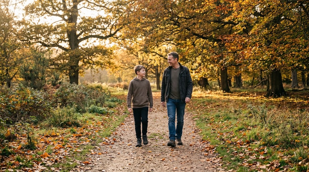 A father and his 12-year-old son walking side by side along a leafy autumn path in an English park, talking and smiling