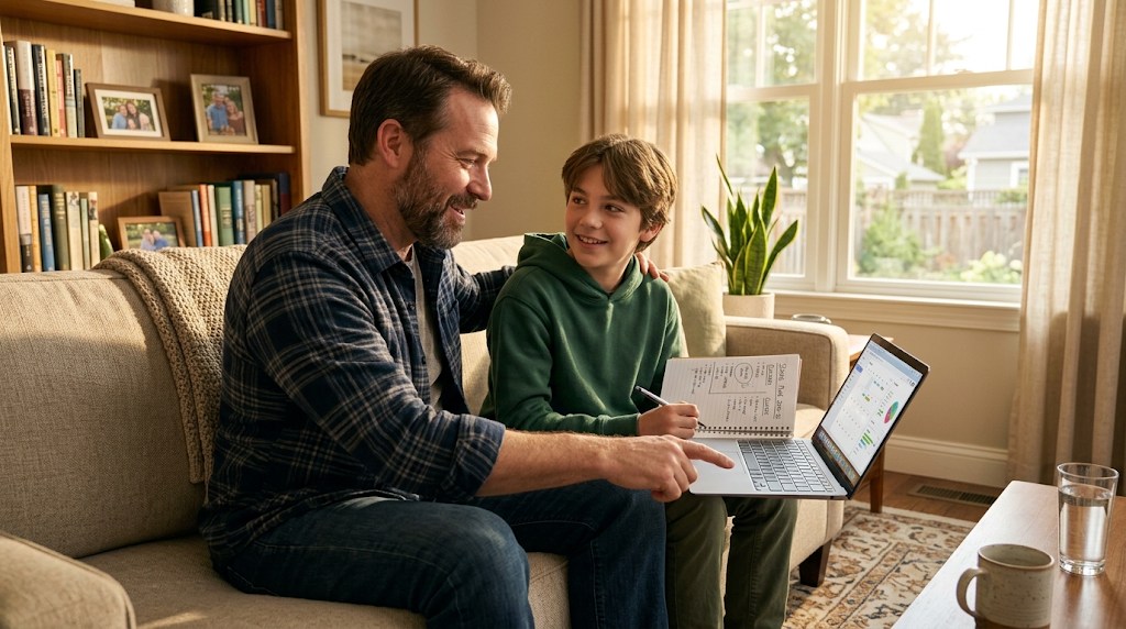 A father and his teenage son on a living-room sofa planning the school year with a laptop and a notebook