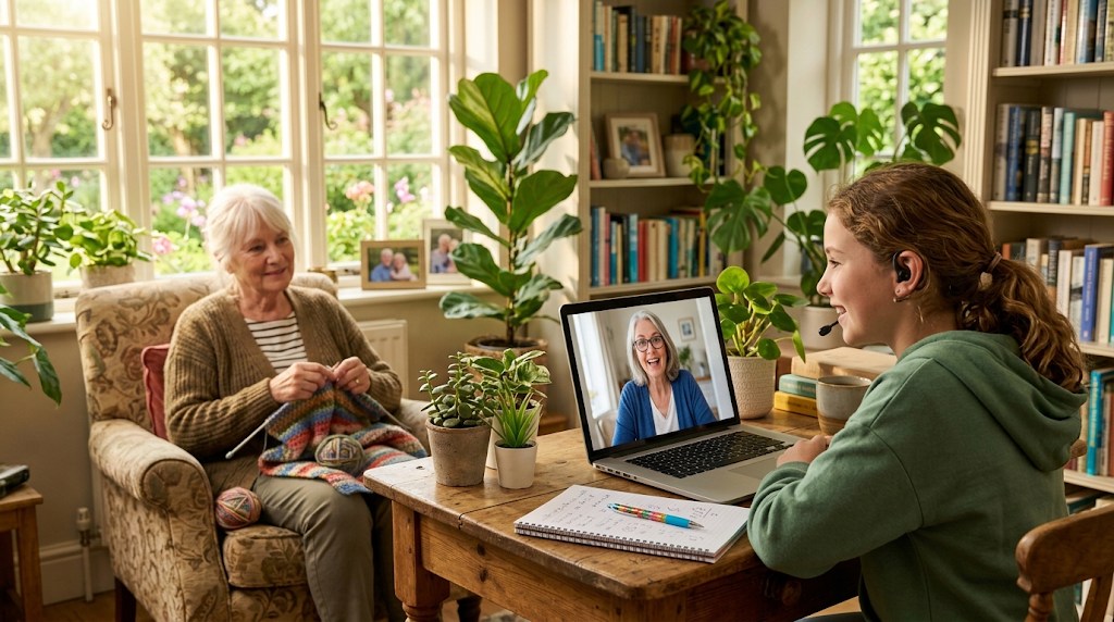 A girl having a one-to-one video lesson with a teacher on her laptop while her grandmother knits nearby