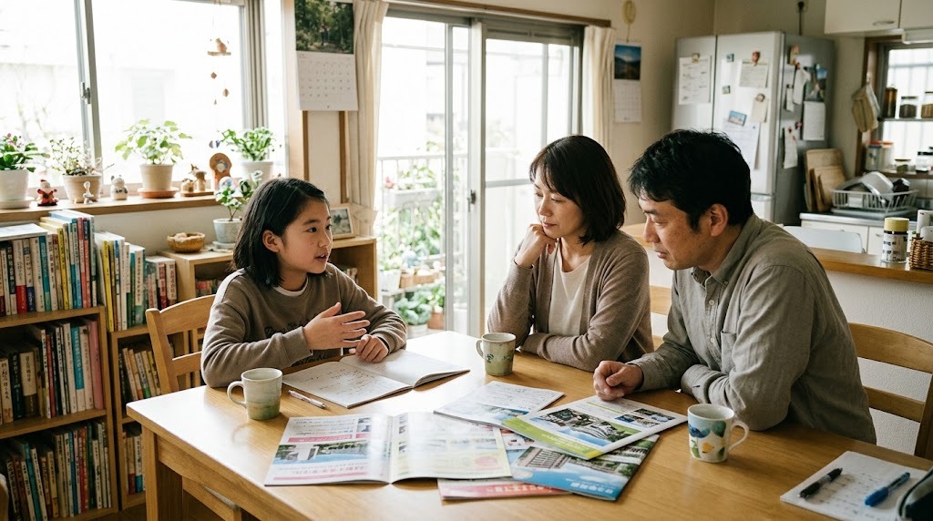 明るい食卓で学校案内の冊子とノートを広げ、受験の方式について話し合う両親と小学6年生の娘