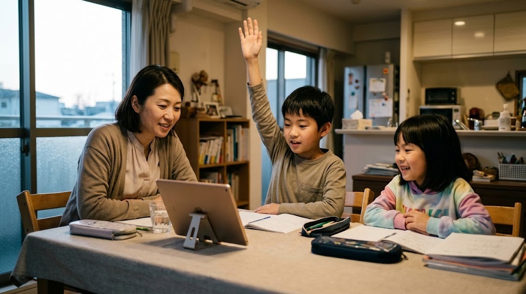 夕方の窓辺のダイニングで、母親と小学生の兄妹がタブレットのオンライン英語授業を見て、兄が手を挙げている様子